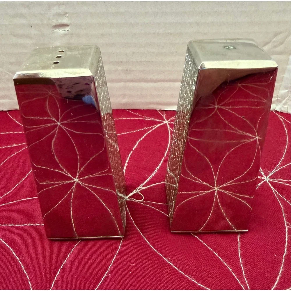 Silver Tone Rhinestone Studded Salt and Pepper Shaker Set Modern Wedge Design